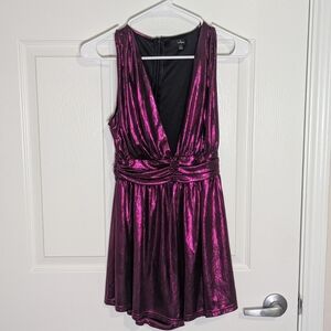 Lulus Metallic Magenta Romper XS | Shiny Pleated Fit & Flare | Deep V Neck Party